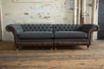 Grey Wool & Antique Tan Leather Chesterfield Sofa