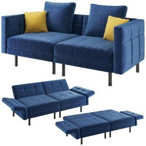 Blue Convertible Velvet Sofa with Pillows and Armrests