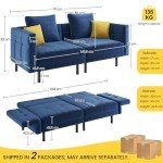 Blue Convertible Velvet Sofa with Pillows and Armrests