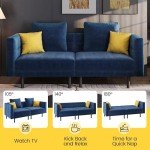 Blue Convertible Velvet Sofa with Pillows and Armrests