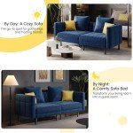 Blue Convertible Velvet Sofa with Pillows and Armrests