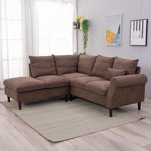 5-Seater Brown Linen Corner Sofa with USB Port