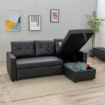 Black Faux Leather L-Shaped Sofa Bed with Chaise