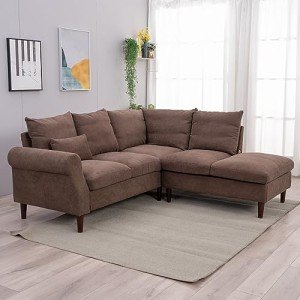 Brown Linen 5-Seater Corner Sofa with USB Port