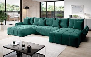 Green U-Shaped Velvet Sofa with Storage & Bed