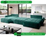 Green U-Shaped Velvet Sofa with Storage & Bed