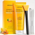 AMOADO Blackhead Remover Mask, Peel Off Face Mask with Vitamin C & Turmeric for Men and Women–Deep Cleansing Nose Facial Mask for Blackheads, Pores & Oil Control with Pimple Extractor and Brush