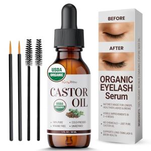 BodyJ4You Organic Castor Oil for Hair Growth: Natural Eyelashes Serum for Lashes and Eyebrows - Glass Bottle 1 Fl Oz