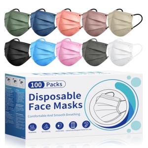 Disposable Face Masks for Adults - FSA HSA Eligible, 100 Pack Individually Wrapped, 4 Ply Protection, 10 Colors Facemask, Breathable and Comfortable Safety Masks Disposable for Women & Men
