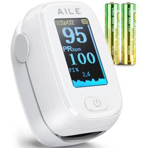 Pulse Oximeter with Fingertip Oxygen Meter : AILE Compact Fingertip Pulse Oximeter - Blood Oxygen/Heart Rate Monitor - 4 Color Screen Display - Including 2AAA Batteries for Athletic & Home (White)