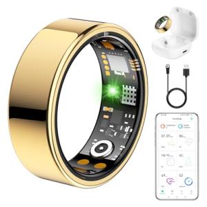 Ring Health Tracker for Women Men, Fit Ring with Heart Rate, Blood Oxygen, Sleep Monitor, Calories, Step Counter, IP68 Waterproof Smart Ring for iPhone & Android, No Subscription Fee (Gold, 12#)