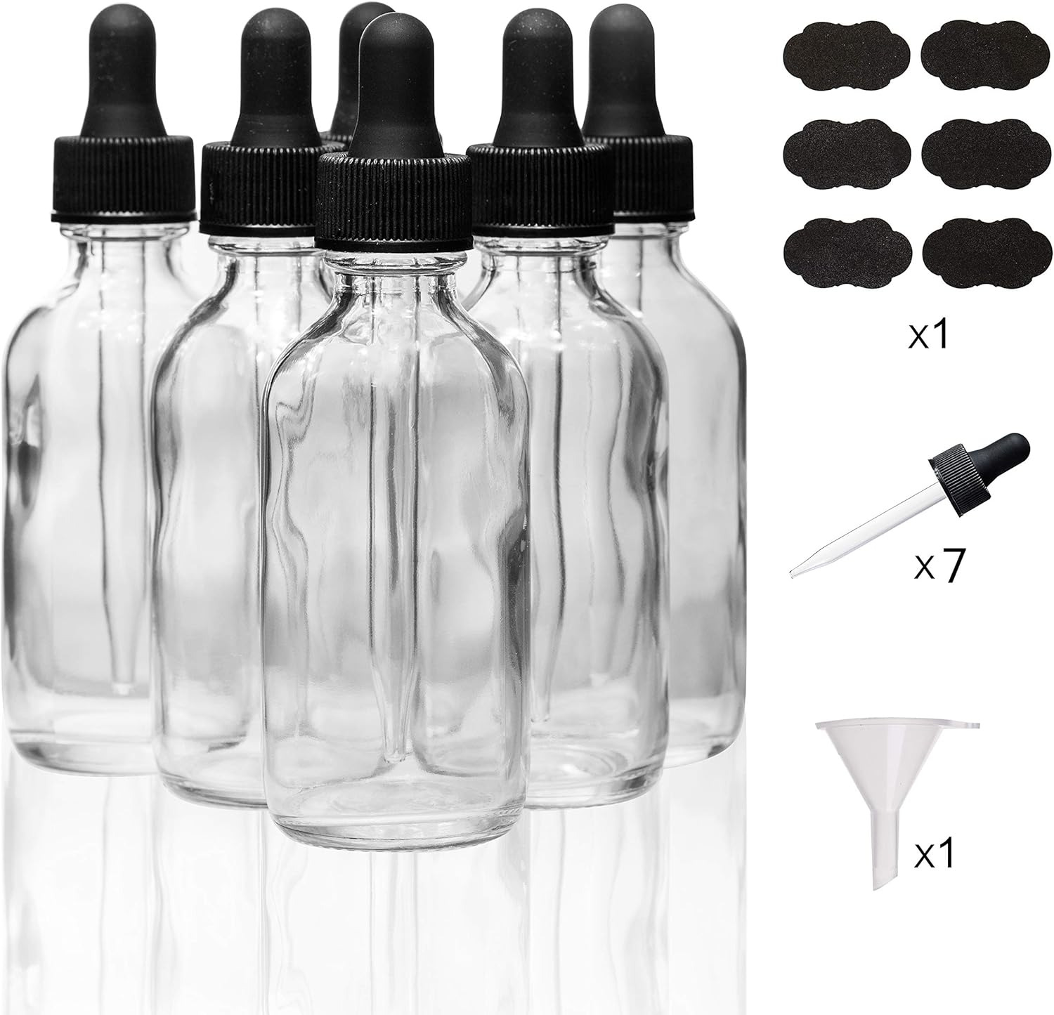 6-Pack Clear Boston Bottles with Glass Droppers