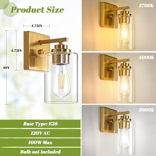 Gold Wall Sconces with Clear Glass Set of 2