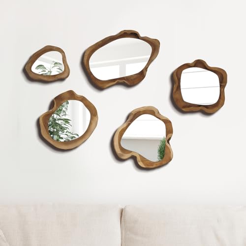 5-Piece Natural Wooden Frame Circle Mirror Set