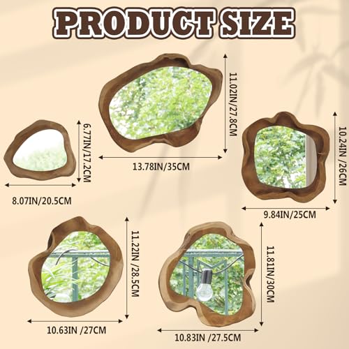 5-Piece Natural Wooden Frame Circle Mirror Set