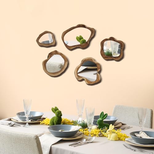 5-Piece Natural Wooden Frame Circle Mirror Set