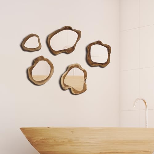 5-Piece Natural Wooden Frame Circle Mirror Set