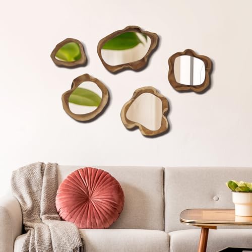 5-Piece Natural Wooden Frame Circle Mirror Set