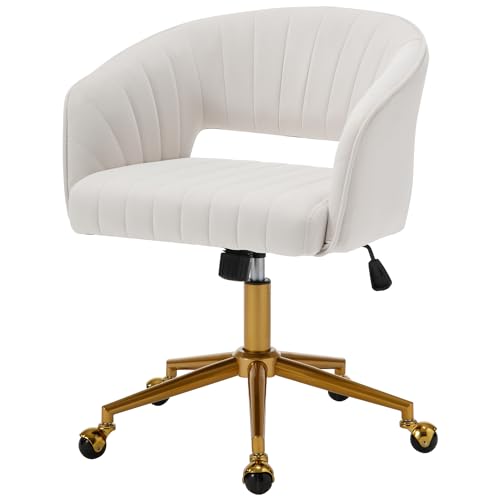 Beige Velvet Swivel Desk Chair with Gold Base