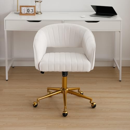 Beige Velvet Swivel Desk Chair with Gold Base