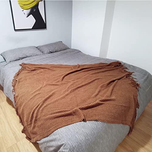 Caramel Knitted Throw Blanket with Tassels