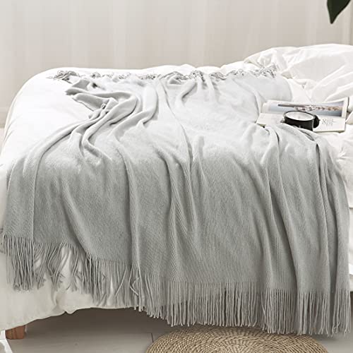 Light Grey Knitted Throw Blanket with Fringe