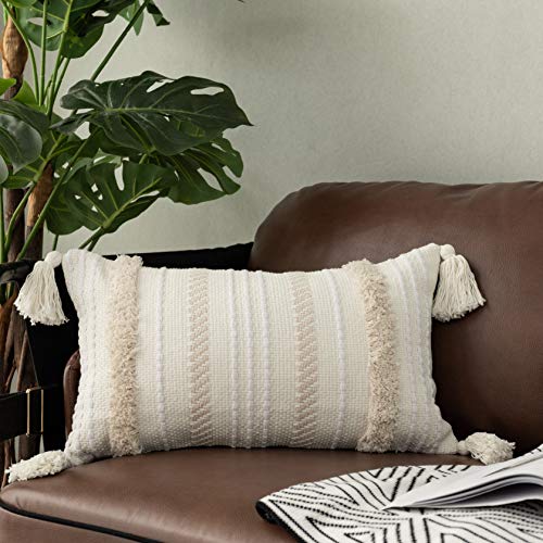 Cream Tufted Boho Lumbar Pillow Cover, 12x20