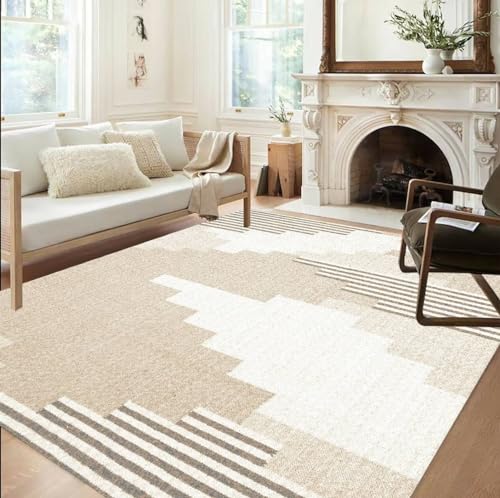 Khaki Minimalist Washable Area Rug 4x6