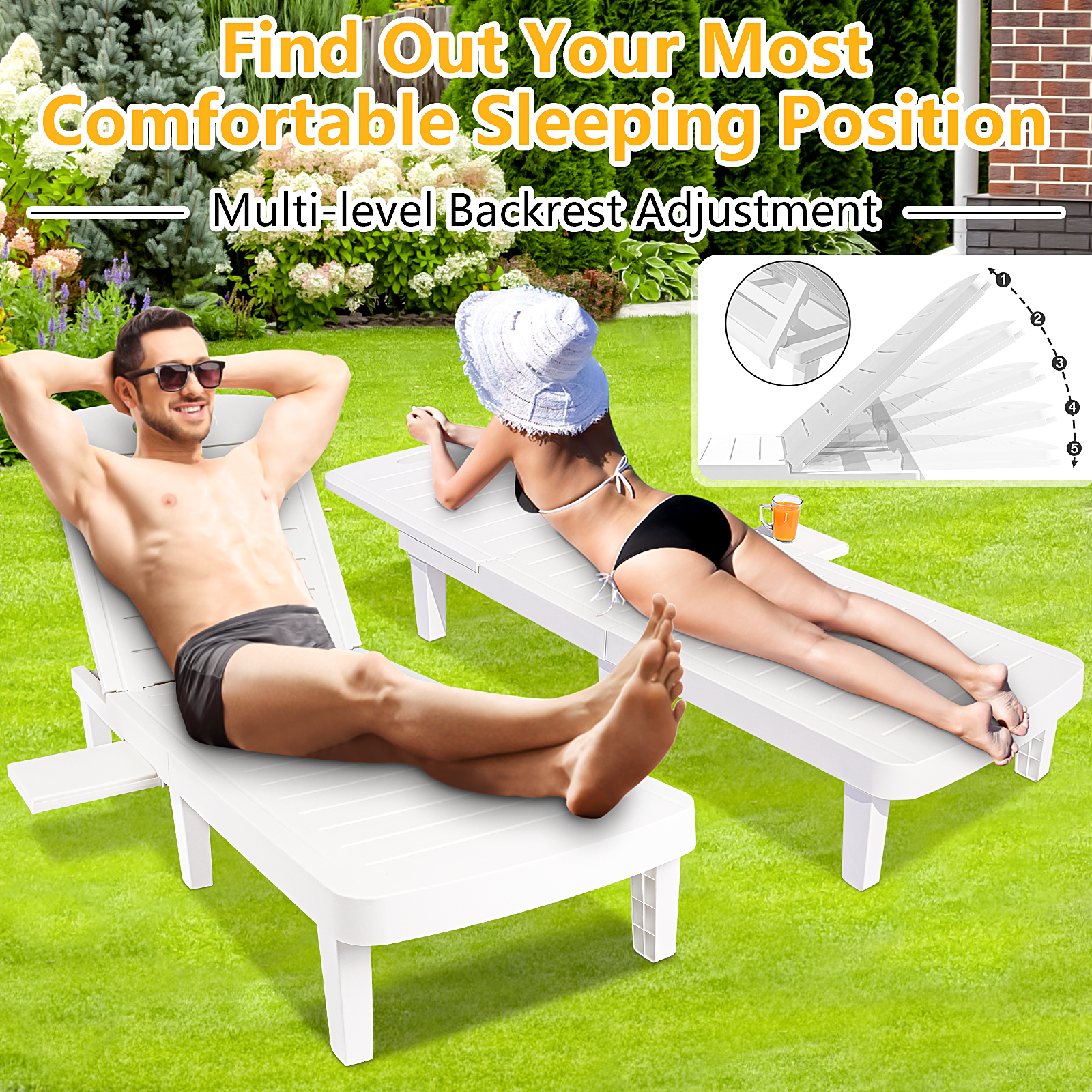 Outdoor Lounge Chair Set with Adjustable Backrest & Table