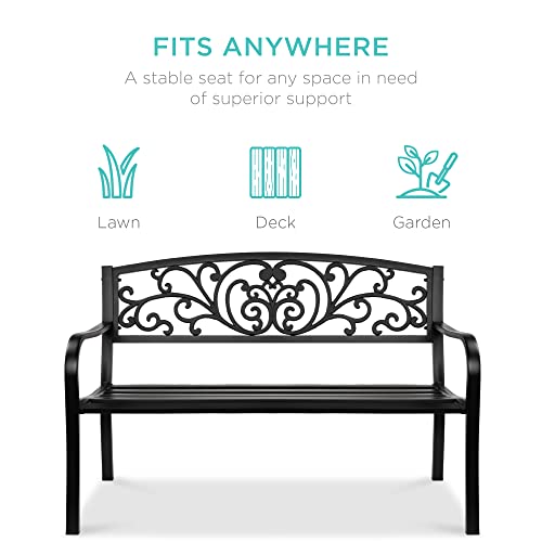 Garden Bench with Floral Design Backrest and Slatted Seat