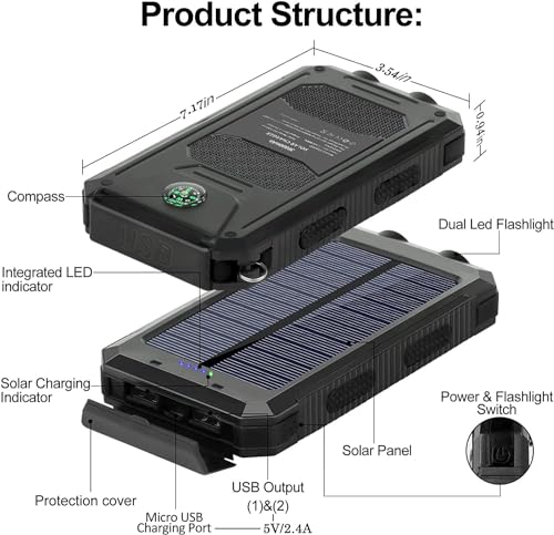 Portable Solar Charger for Phones, Waterproof Camping Power