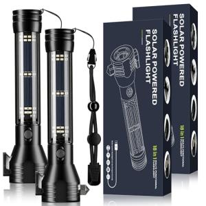 Solar LED Flashlight with USB-C Rechargeable, 2 Pack