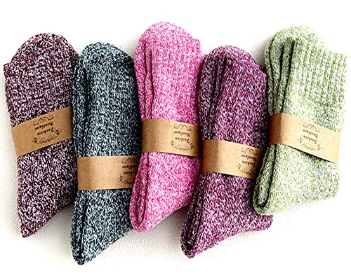 JUNAN 5Pairs Ladies thermal Winter socks, Womens Thick Knitting Warm & comfy Wool Crew Vintage Style Sock (D-thread)