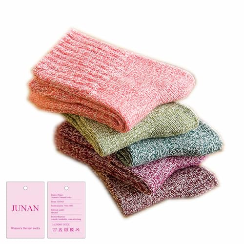 JUNAN 5Pairs Ladies thermal Winter socks, Womens Thick Knitting Warm & comfy Wool Crew Vintage Style Sock (D-thread)