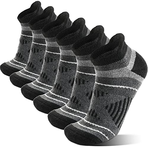 EBMORE Merino Wool Ankle Hiking Socks Compression Warm Winter Thermal Thick Cushion No Show Running Moisture Wicking Socks Gifts Stocking Stuffers for Men Women 6 Pairs(Black,L)