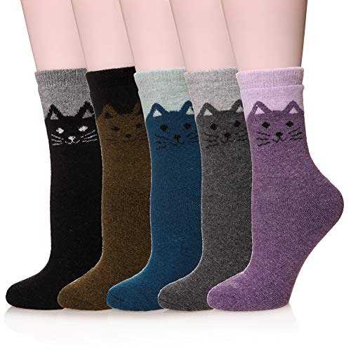 Velice Wool Socks for Women Merino Wool Boot Hiking Thick Thermal Warm Socks Winter Crew Cushion Cozy Work Socks 5 Pairs(Cat)