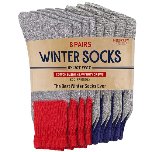 HOT FEET Winter Boot Socks for Men 8 Pairs, Cold Weather Cozy Long Crew Socks, Cotton Blend Warm Socks Size 6–12.5, GRAY/RED/NAVY