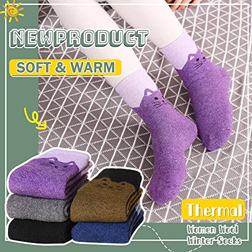 Velice Wool Socks for Women Merino Wool Boot Hiking Thick Thermal Warm Socks Winter Crew Cushion Cozy Work Socks 5 Pairs(Cat)