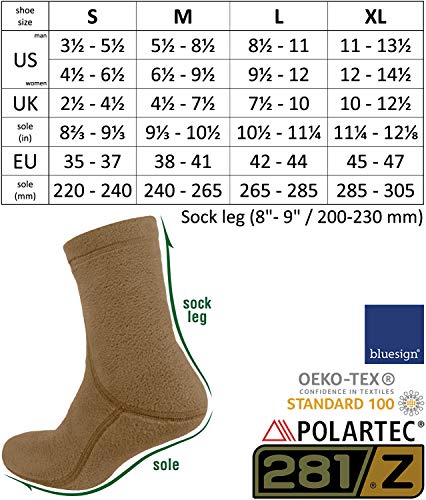 281Z Hiking Warm 8 inch Boot Liner Socks - Military Tactical Outdoor Sport - Polartec Fleece Winter Socks (X-Large, Coyote Brown)