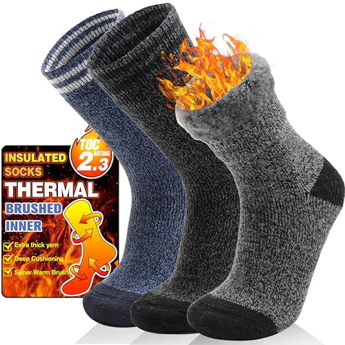 Welwoos Heated Thermal Socks for Men & Women Warm Winter Ski Thick Boot Insulated Gift Stocking Stuffers Socks 3 Pairs (Blue Stripe,L)