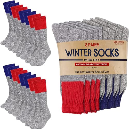HOT FEET Winter Boot Socks for Men 8 Pairs, Cold Weather Cozy Long Crew Socks, Cotton Blend Warm Socks Size 6–12.5, GRAY/RED/NAVY