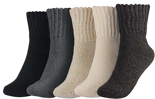 BenSorts Women Winter Solid Socks Thick Warm Wool Socks Cozy Crew Socks for Women Black White Gray Beige Brown 5 Pairs Pack
