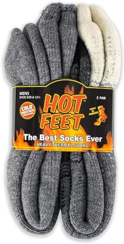 HOT FEET Thermal Socks for Men 2/4 Pack, Extreme Cold Boots Socks -Winter Insulated Socks, Cold Weather Size 6-12.5, 2 Pack, Gradient Gray/Black