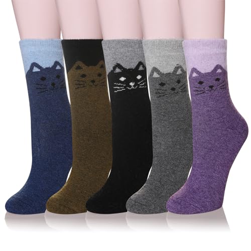 Eyean Women Wool Socks Thickened Winter Cozy Warm Hiking Soft Thermal Boot Crew Socks 5 Pairs (Cat)