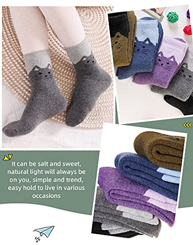 Velice Wool Socks for Women Merino Wool Boot Hiking Thick Thermal Warm Socks Winter Crew Cushion Cozy Work Socks 5 Pairs(Cat)