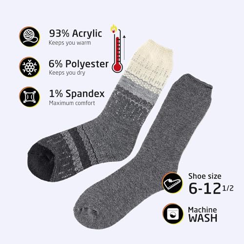 HOT FEET Thermal Socks for Men 2/4 Pack, Extreme Cold Boots Socks -Winter Insulated Socks, Cold Weather Size 6-12.5, 2 Pack, Gradient Gray/Black