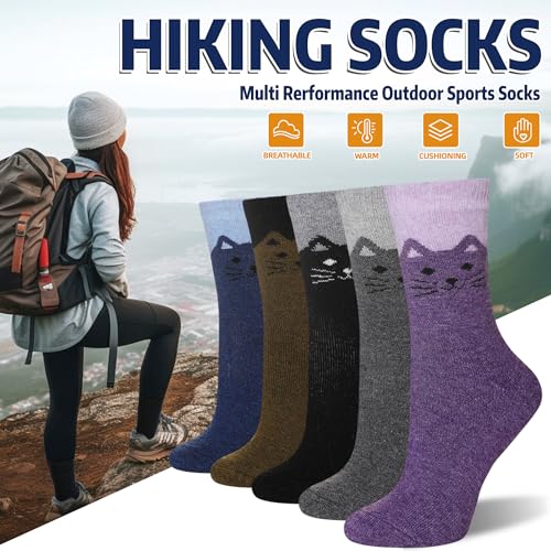 Eyean Women Wool Socks Thickened Winter Cozy Warm Hiking Soft Thermal Boot Crew Socks 5 Pairs (Cat)
