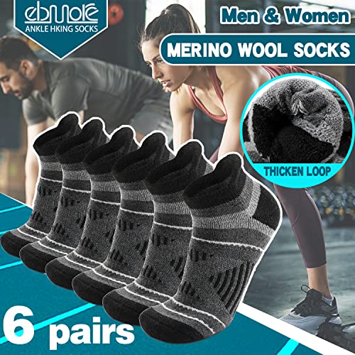 EBMORE Merino Wool Ankle Hiking Socks Compression Warm Winter Thermal Thick Cushion No Show Running Moisture Wicking Socks Gifts Stocking Stuffers for Men Women 6 Pairs(Black，L)