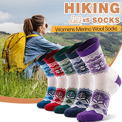 ANTSANG Merino Wool Socks for Women Hiking Warm Thick Thermal Winter Boot Comfy Crew Cozy Cabin Heavy Work Snow Soft Ladies Socks 5 Pairs Christmas Stocking Stuffer White Elephant Gifts (Snowflake A)