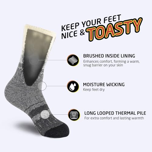 HOT FEET Thermal Socks for Men 2/4 Pack, Extreme Cold Boots Socks -Winter Insulated Socks, Cold Weather Size 6-12.5, 2 Pack, Gradient Gray/Black
